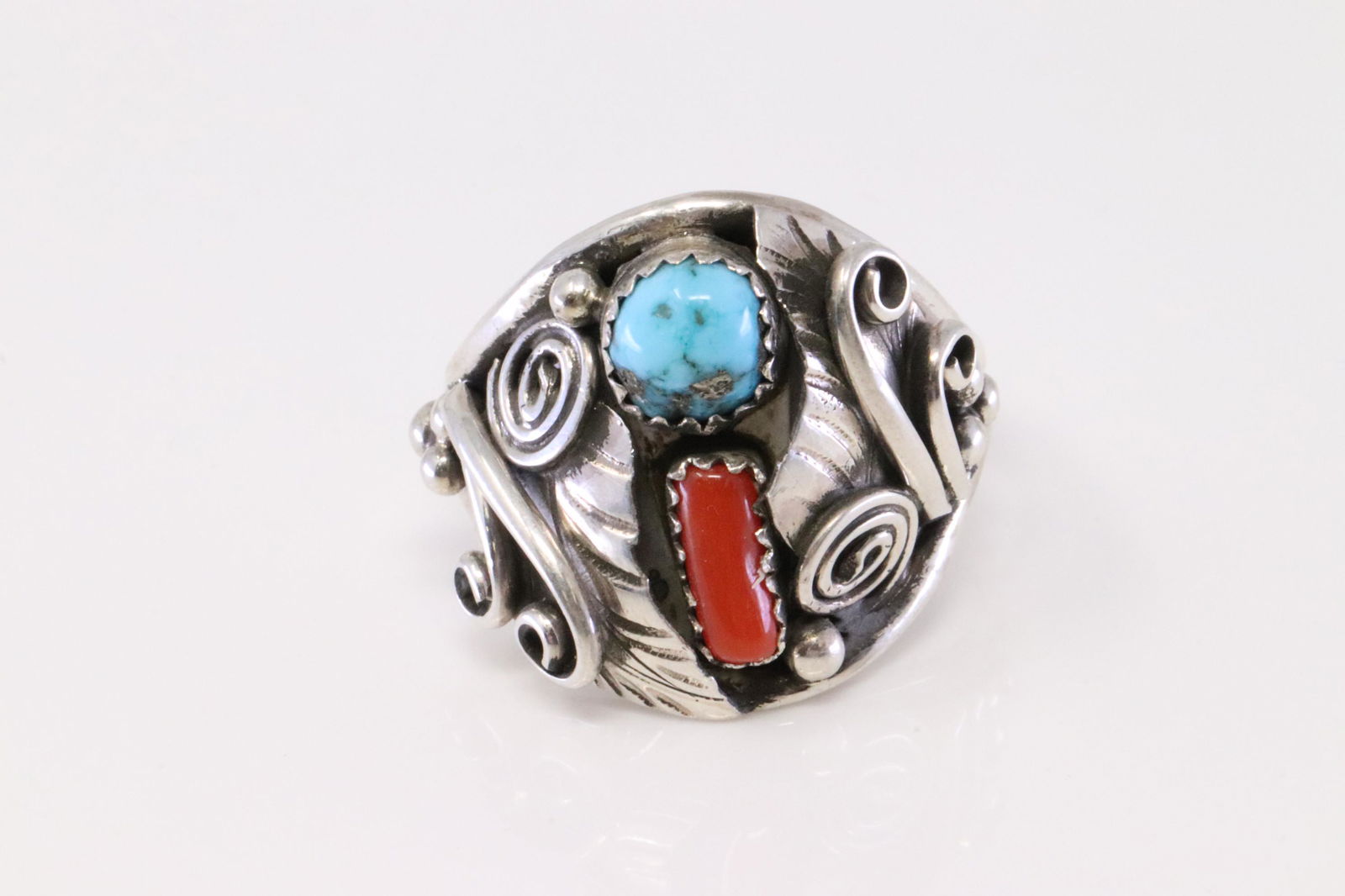 Native America Navajo Handmade Sterling Silver Coral / Turquoise Cuff Ring By B. (1 of 4)