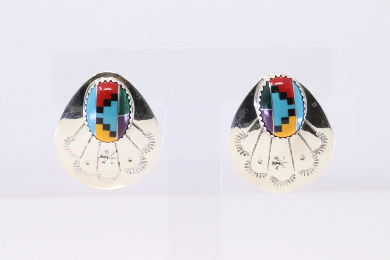 Native America Navajo Handmade Sterling Silver Multi-Color Post Earring's By B. (1 of 4)