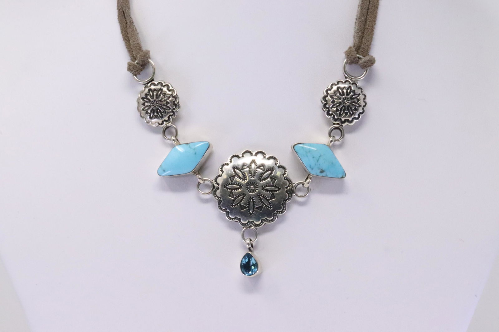 Native America Navajo Handmade Sterling Silver Blue Topaz / Turquoise Leather Necklace By R.B. (1 of 4)