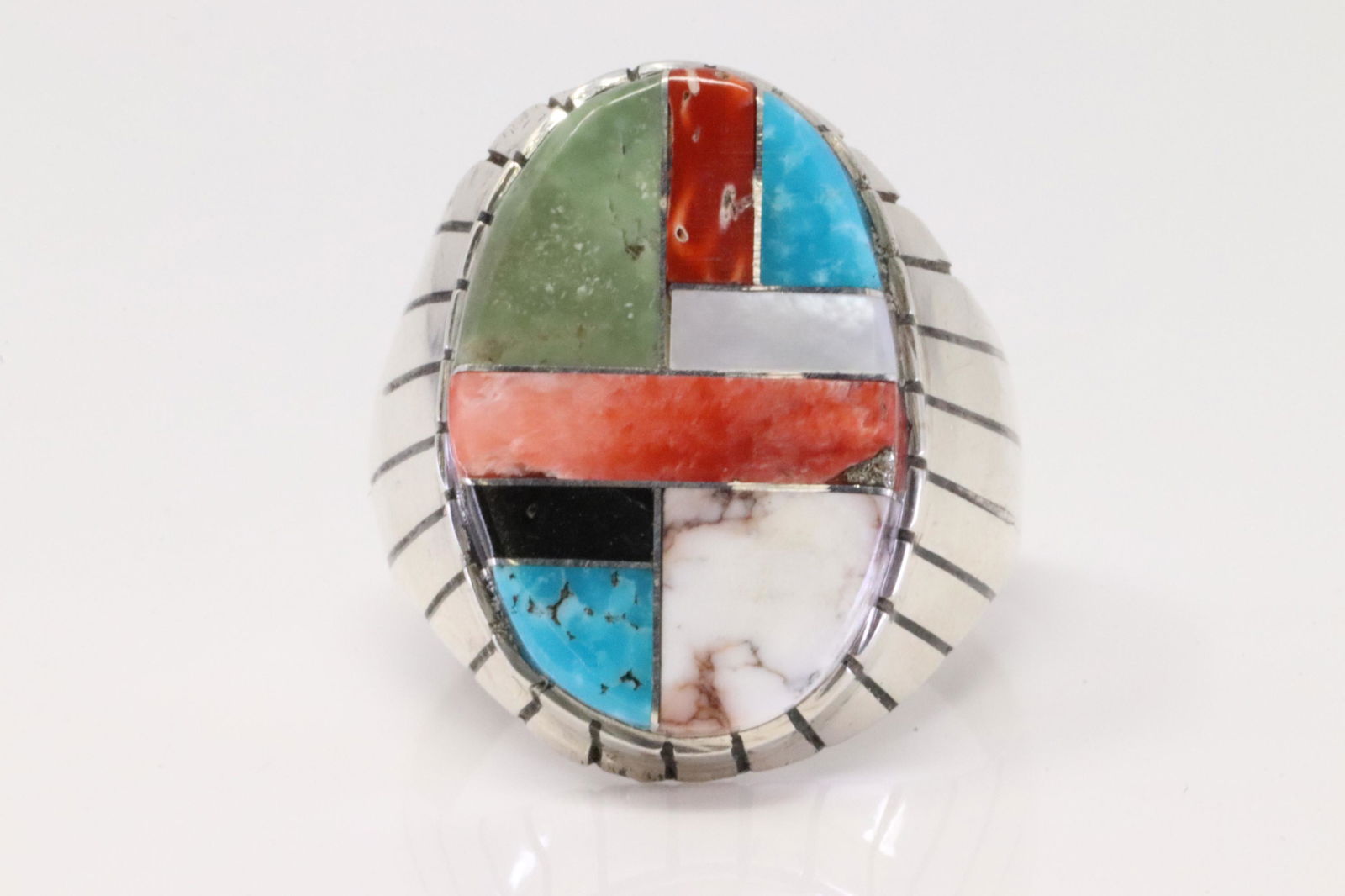 Native America Navajo Handmade Sterling Silver Multi-Color Inlay Ring By Ray Jack.: This is a Native America Navajo Handmade Sterling Silver Multi-Color Inlay Ring By Ray Jack. Ring size: 10.25.