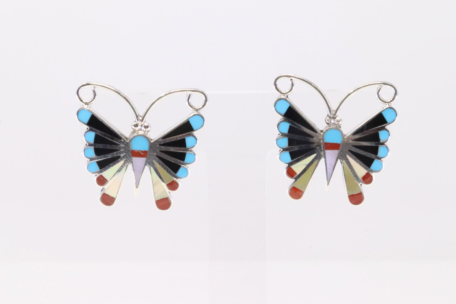 Native America Zuni Handmade Sterling Silver Multi-Color Inlay Butterfly Post Earring's By Adrian: This is a Native America Zuni Handmade Sterling Silver Multi-Color Inlay Butterfly Post Earring's By Adrian Wallece.