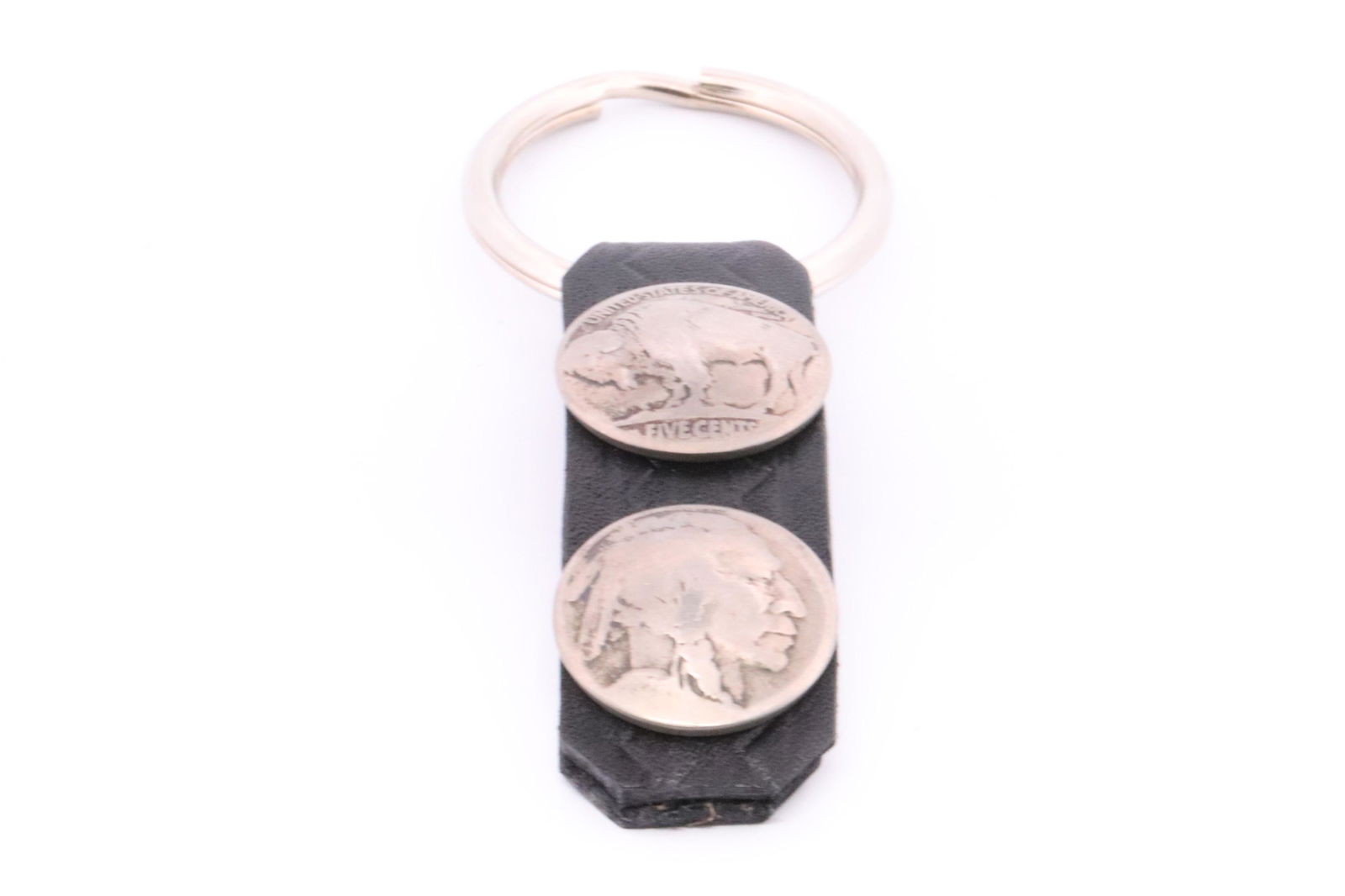 Native America Navajo Handmade Sterling Silver Double Buffalo Nickel Leather Strap Key Ring. (1 of 3)