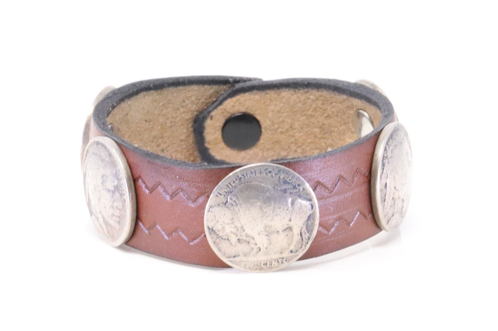 Native America Navajo Handmade Sterling Silver Buffalo Nickel Leather Cuff Bracelet. (1 of 4)
