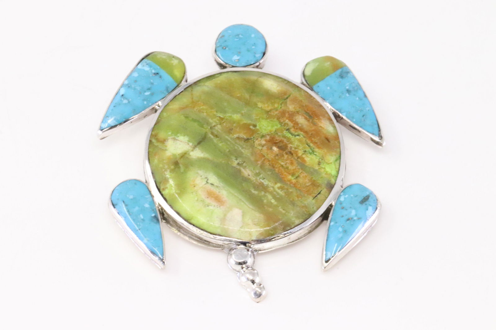 Native America Zuni Handmade Sterling Silver Turquoise Turtle Pendant / Pin By A.A. (1 of 3)