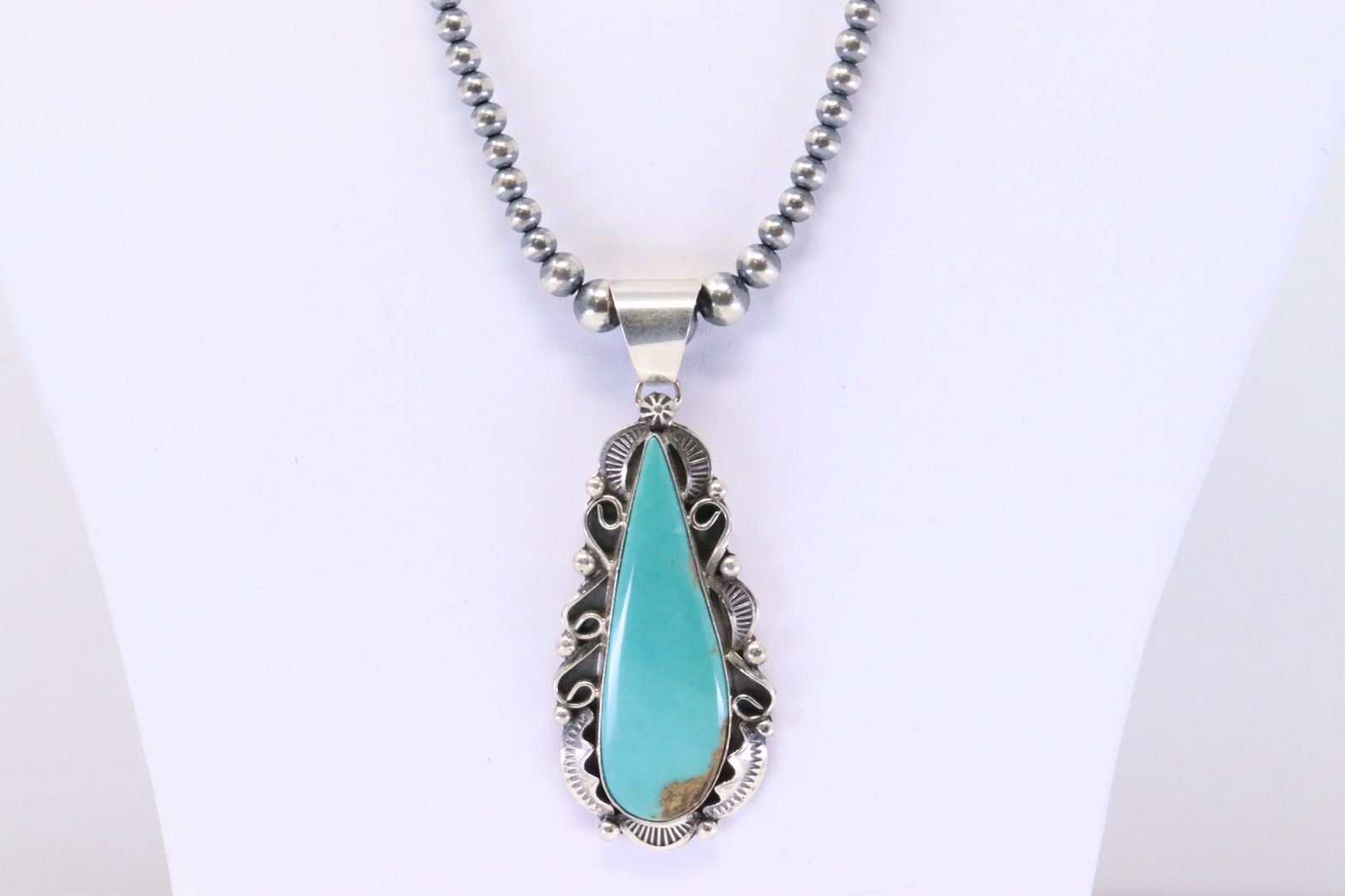 Native America Navajo Handmade Sterling Silver Turquoise Pendant & Necklace By LC. (1 of 4)