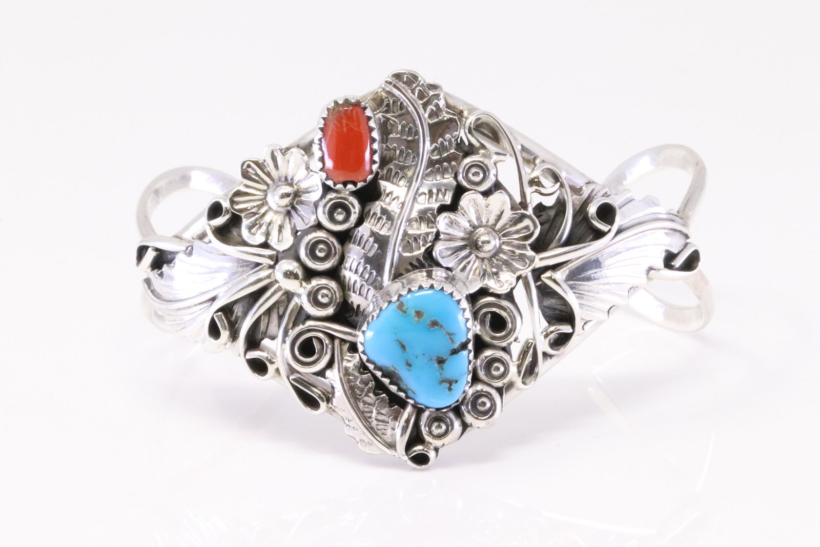 Native America Navajo Handmade Sterling Silver Coral / Turquoise Bracelet By Harry B.Yazzie.: This is a Native America Navajo Handmade Sterling Silver Coral / Turquoise Bracelet By Harry B.Yazzie.