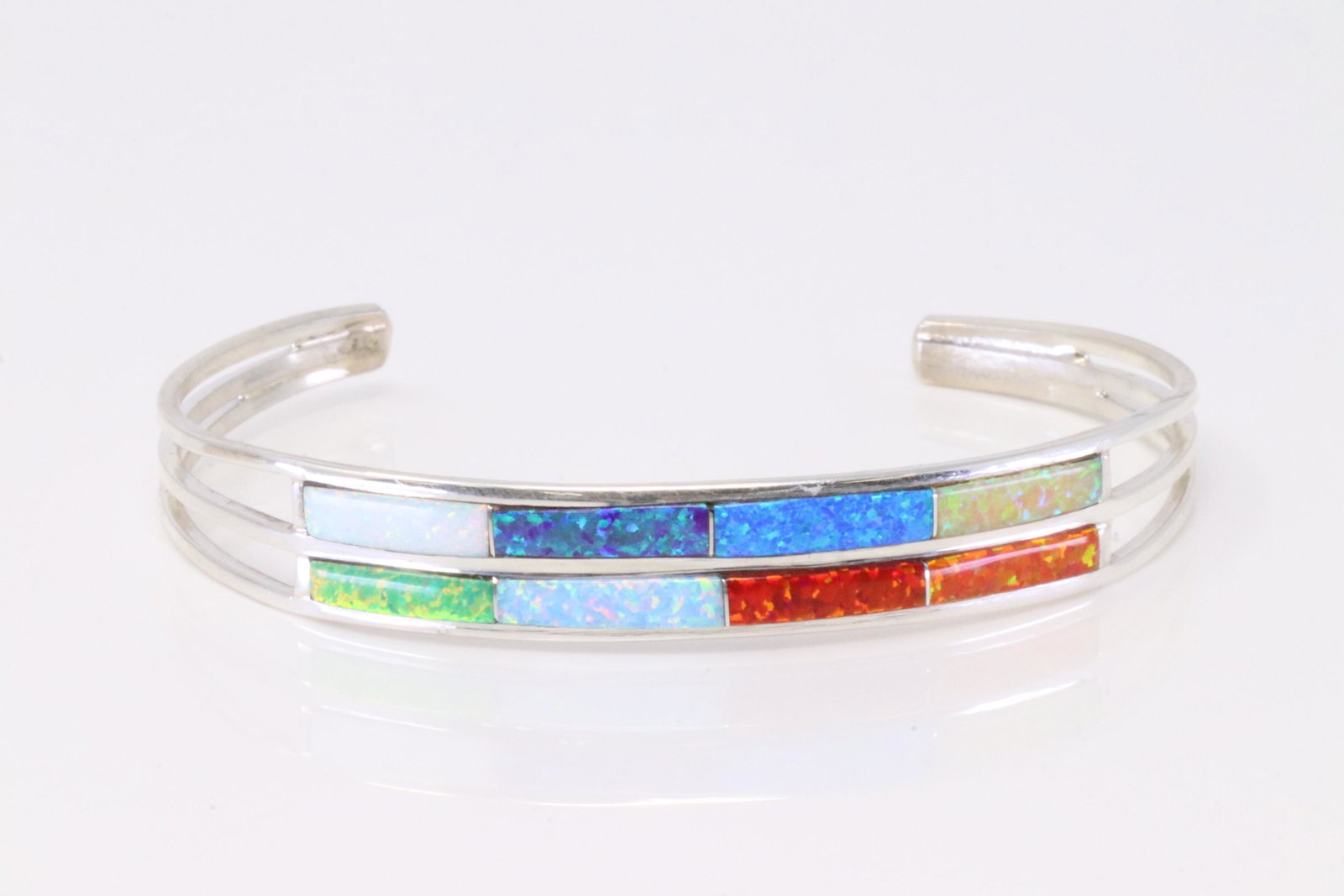 Native America Navajo Handmade Sterling Silver Multi-Color Opal Inlay Bracelet By Jamie Johnson.: This is a Native America Navajo Handmade Sterling Silver Multi-Color Opal Inlay Bracelet By Jamie Johnson.