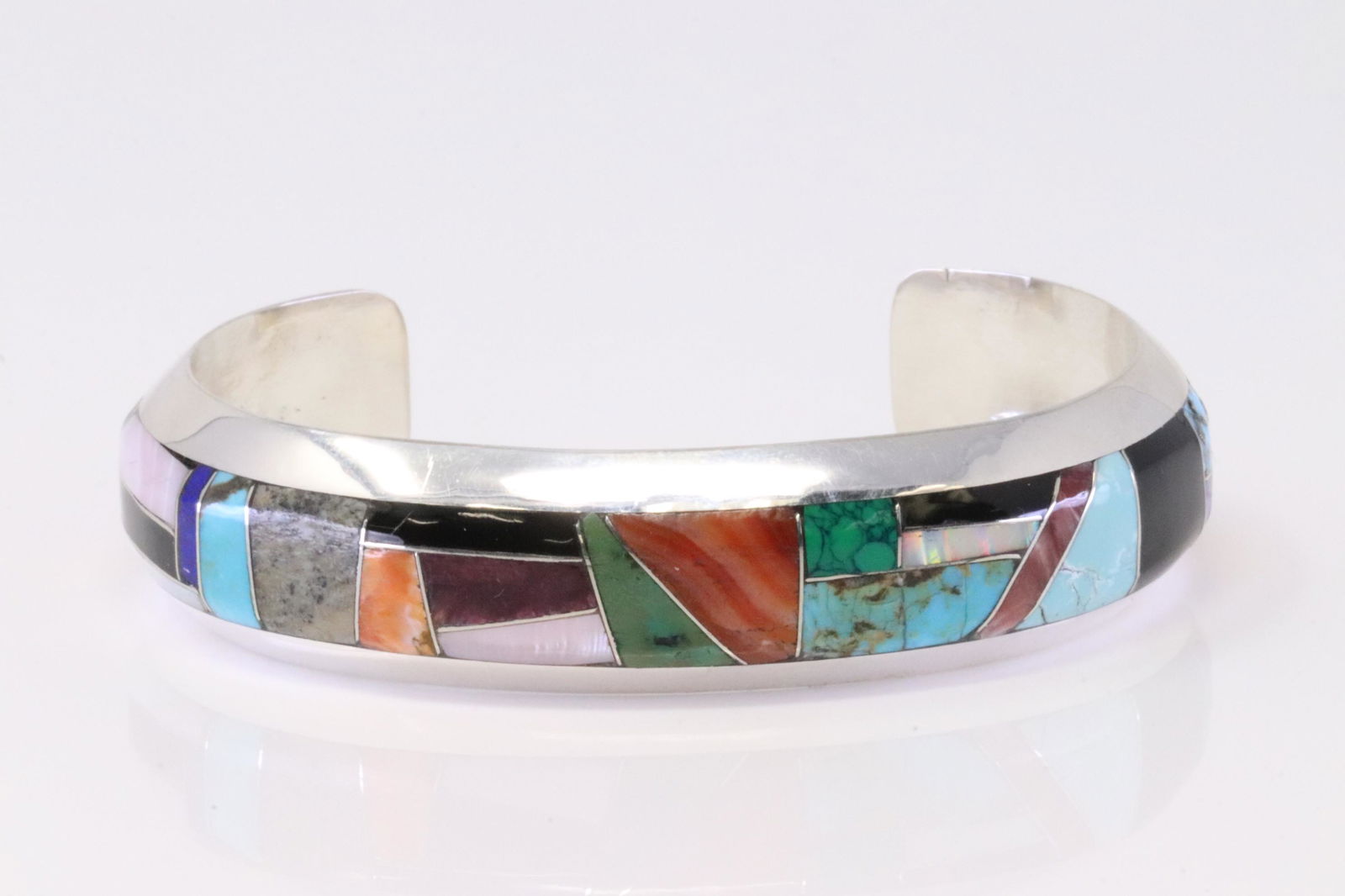 Native America Navajo Handmade Sterling Silver Multi-Color Inlay Bracelet By B.B. (1 of 4)