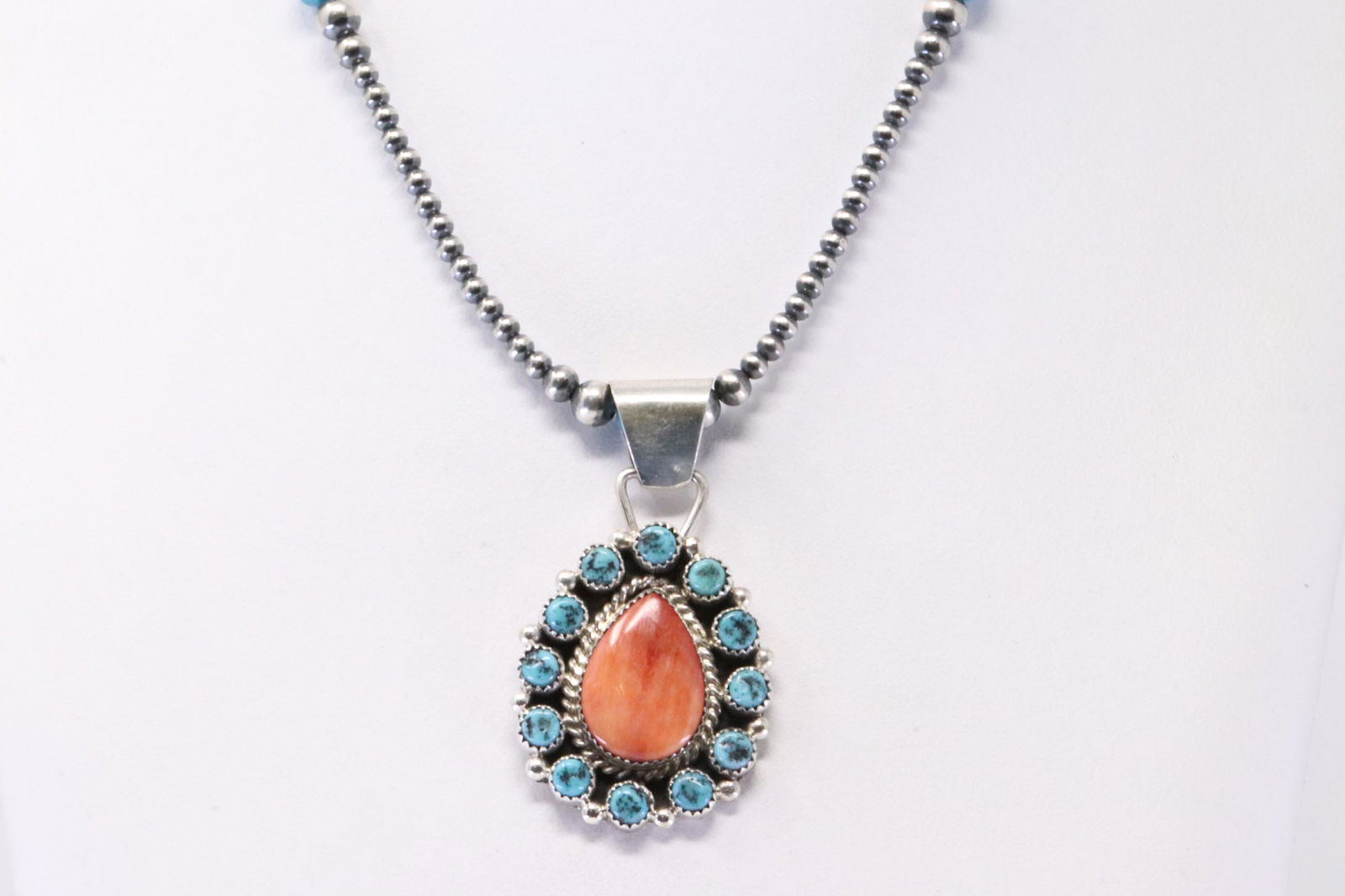 Native America Navajo Handmade Sterling Silver Spiny Oyster / Turquoise Pendant & Beaded Necklace By (1 of 4)
