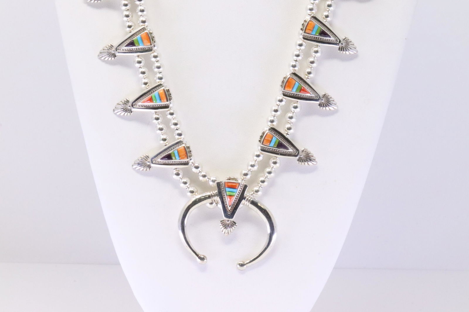 Native America Navajo Handmade Sterling Silver Multi-Color Squash Necklace & Earring's Set By B.S. (1 of 10)