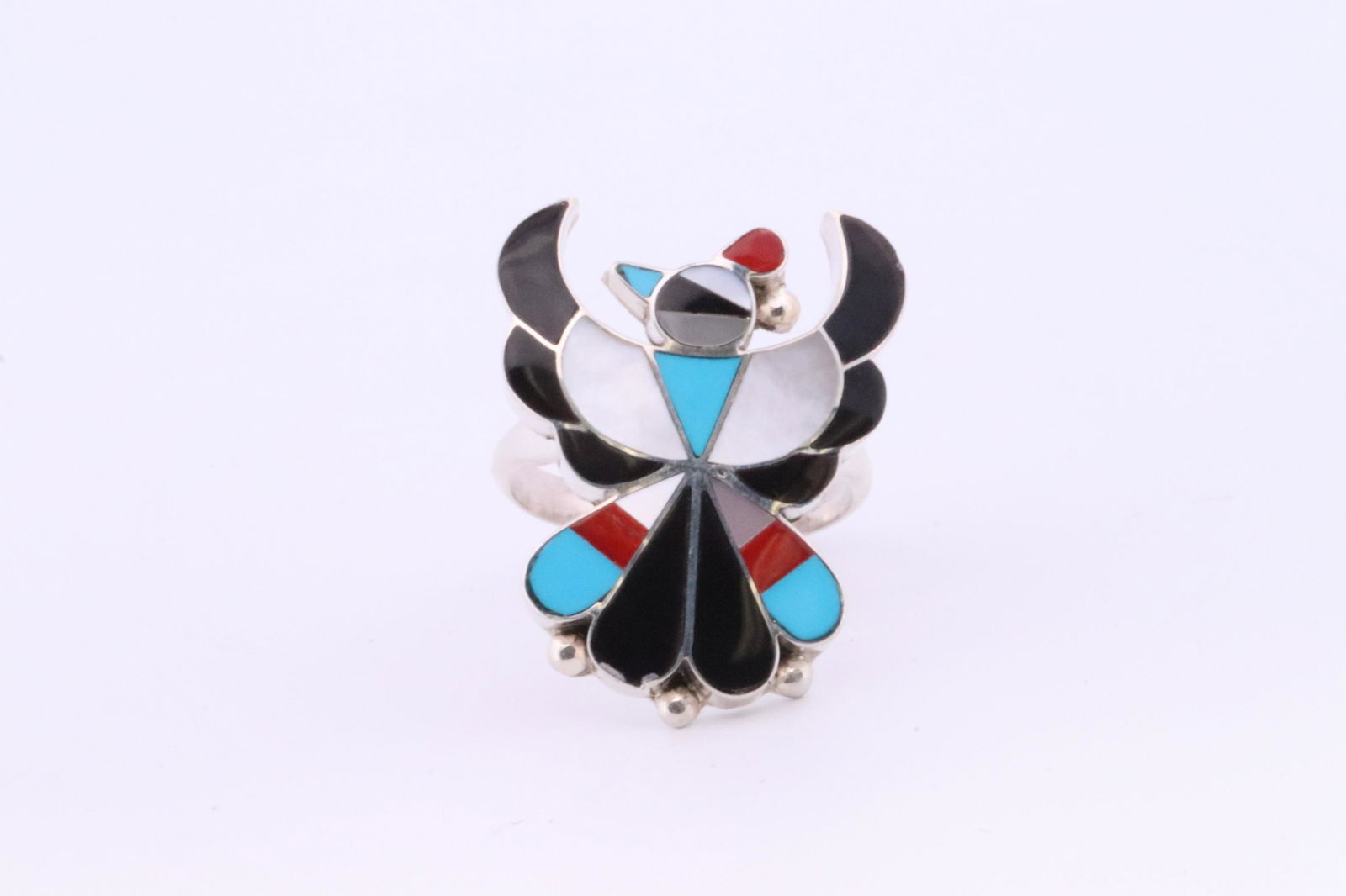 Native America Zuni Handmade Sterling Silver Multi-Color Inlay Bird Ring By B.W. (1 of 4)