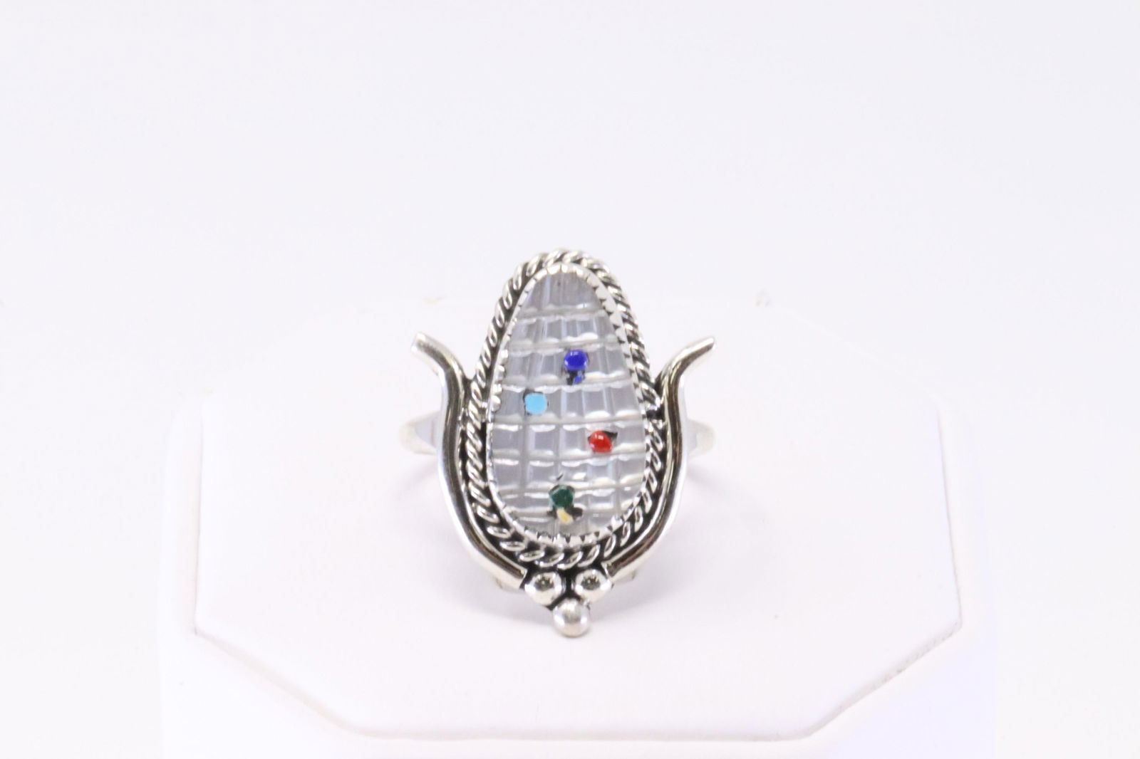 Native American Zuni Handmade Sterling Silver Multi-Color Corn Ring By B.Etsate. (1 of 4)
