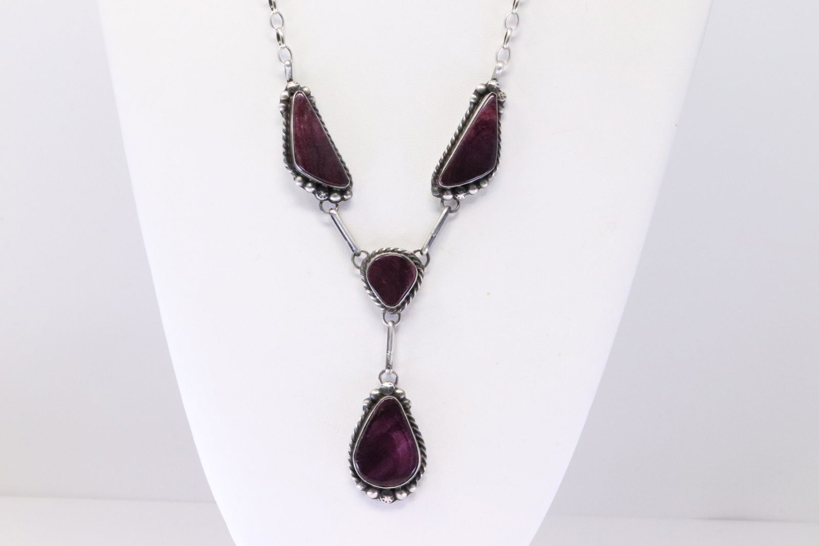 Native America Navajo Handmade Sterling Silver Purple Spiny Oyster Necklace & Earring's Set By A.L. (1 of 8)
