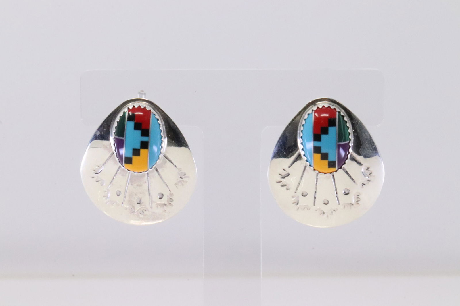 Native America Navajo Handmade Sterling Silver Multi-Color Post Earring's By B. (1 of 4)