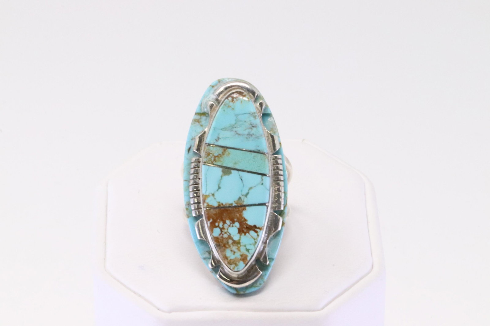 Native America Navajo Handmade Sterling Silver Turquoise Inlay Ring By S.F. (1 of 4)