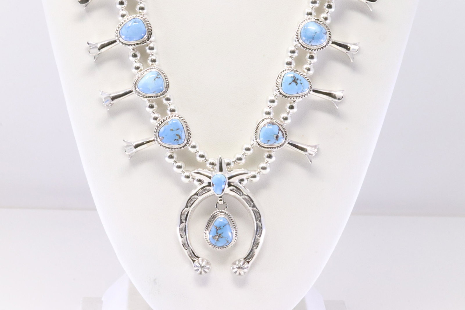 Native America Navajo Handmade Sterling Silver Golden Hill Turquoise Squash Blossom Necklace &: This is a Native America Navajo Handmade Sterling Silver Golden Hill Turquoise Squash Blossom Necklace & Earring's Set By Thomas Francisco. Necklace length: 26.00"