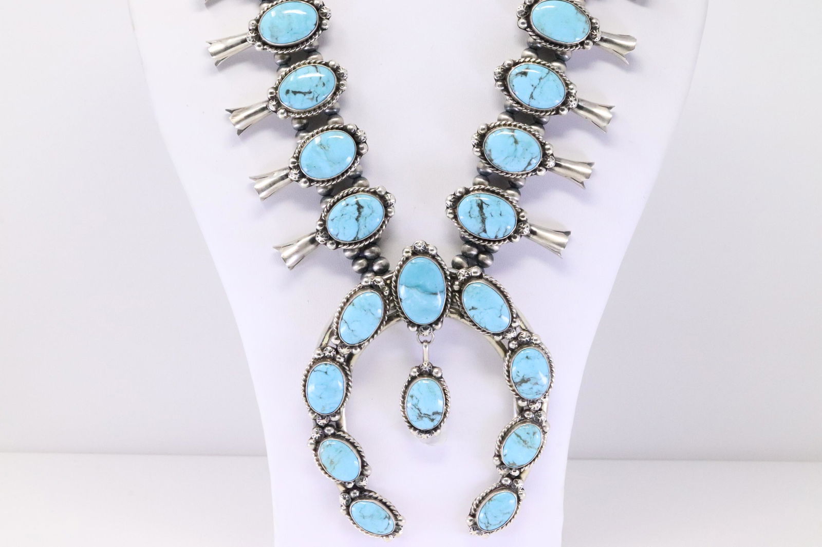 Native American Navajo Handmade Sterling Silver Kingman Turquoise Squash Blossom set by Augustine (1 of 13)