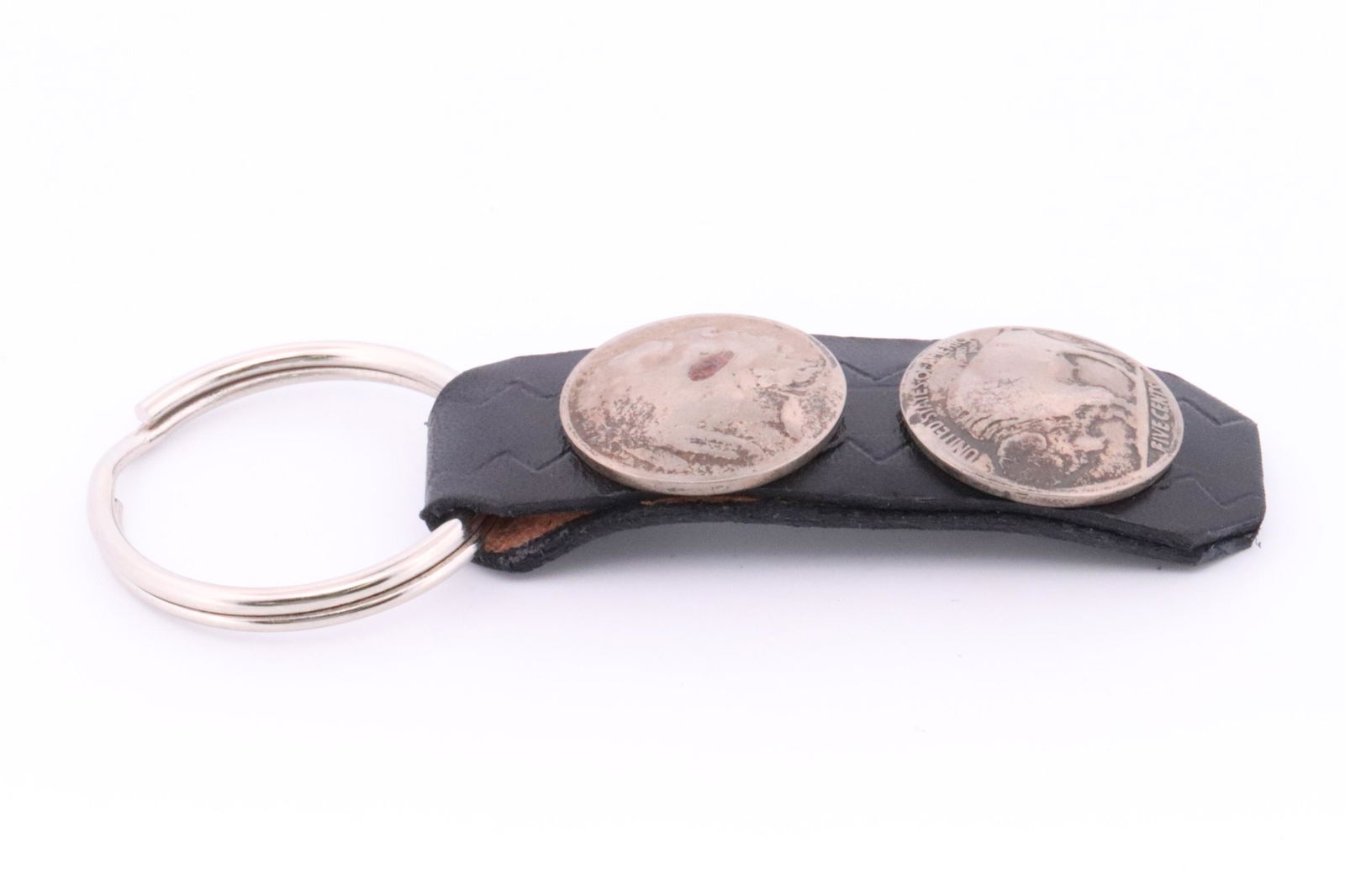 Native America Navajo Handmade Sterling Silver Double Buffalo Nickel Leather Strap Key Ring. (1 of 3)