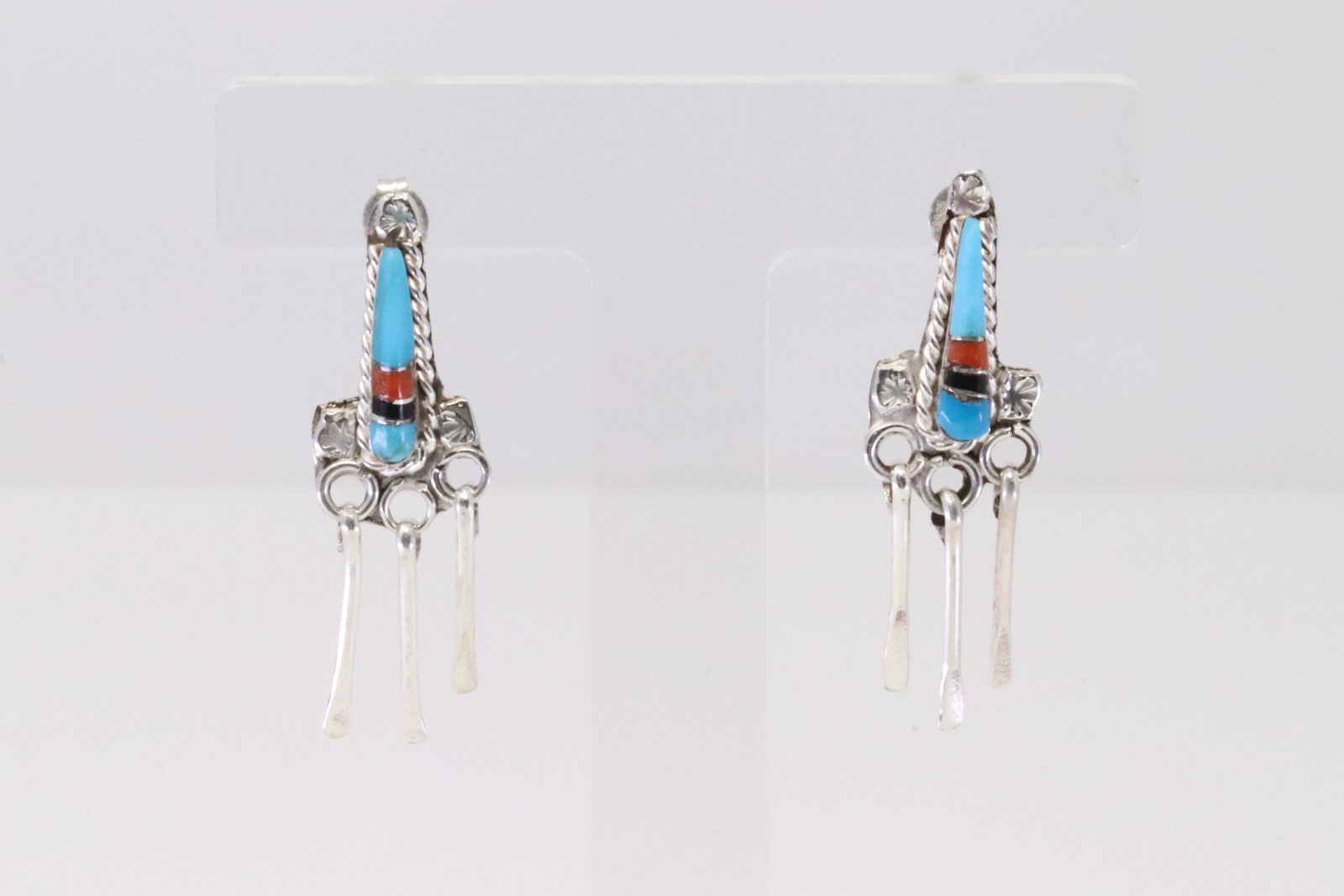 Native America Zuni Handmade Sterling Silver Multi-Color Inlay Post Earring's By Willie Gia.: This is a Native America Zuni Handmade Sterling Silver Multi-Color Inlay Post Earring's By Willie Gia.