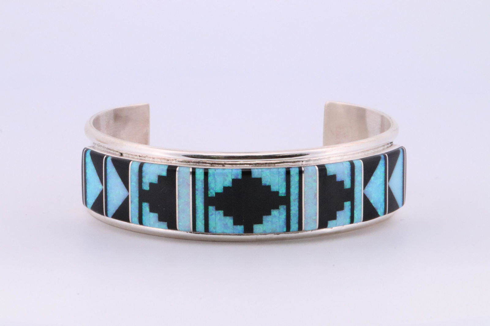 Native America Zuni Handmade Sterling Silver Multi-Color Inlay Bracelet By Sylvester Noche. (1 of 4)