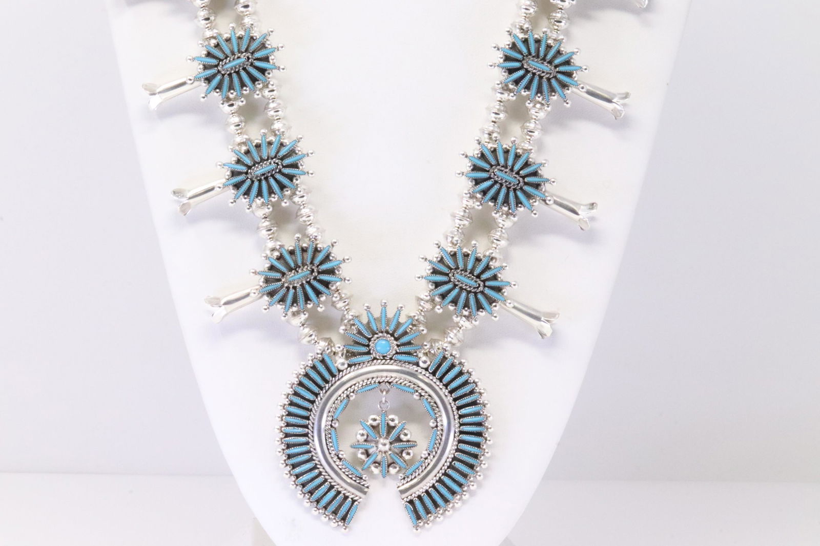 Native American Zuni Handmade Sterling Silver Turquoise Squash Blossom Necklace & Earring's Set By (1 of 10)