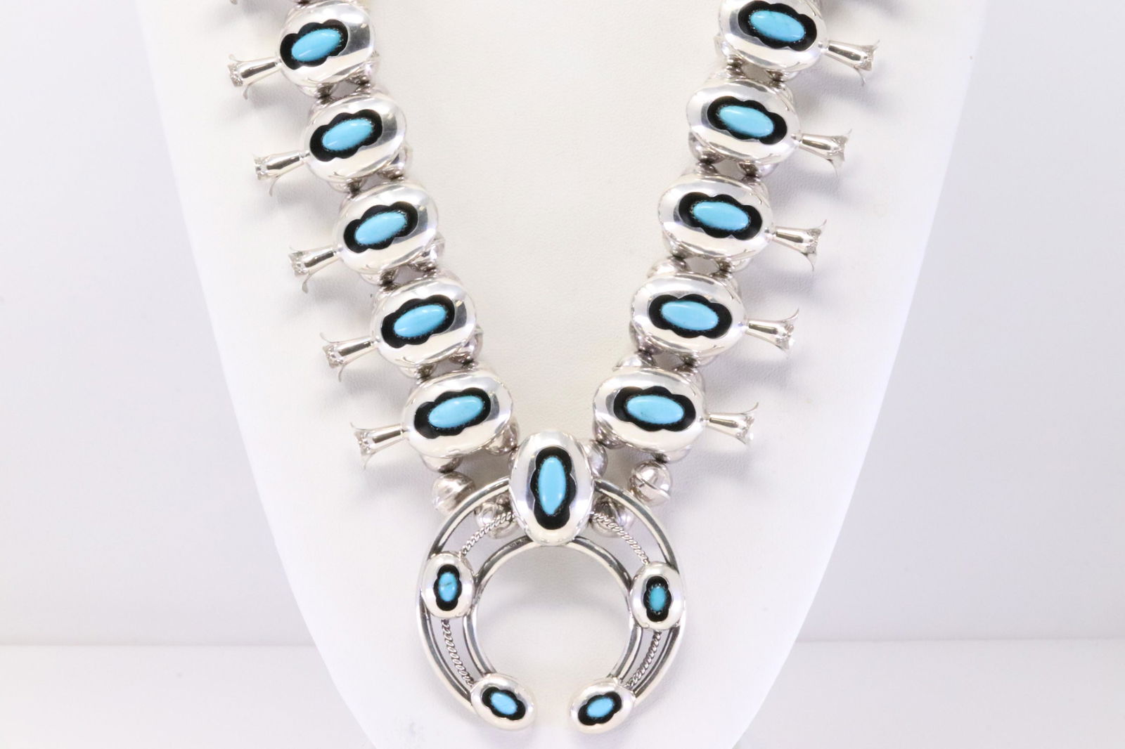 Native America Navajo Handmade Sterling Silver Turquoise Squash Blossom Shadowbox Necklace & (1 of 10)