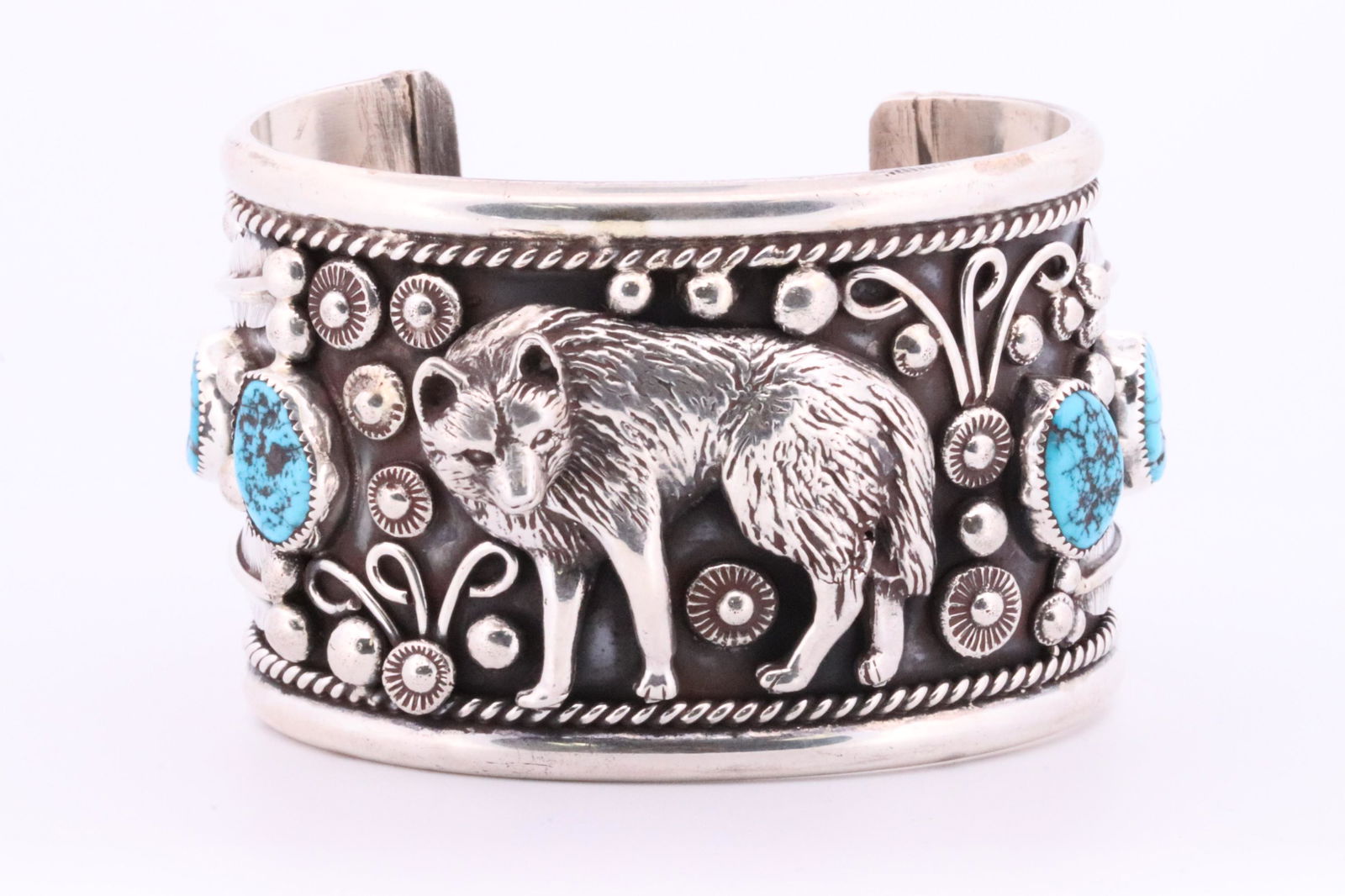 Native America Navajo Handmade Sterling Silver Turquoise Bracelet Wolf Cuff By E.Hawthorn. (1 of 4)