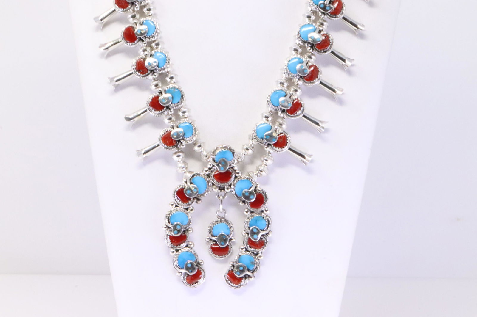 Native America Zuni Handmade Sterling Silver Coral / Turquoise Squash Blossom Necklace & Earring's (1 of 9)