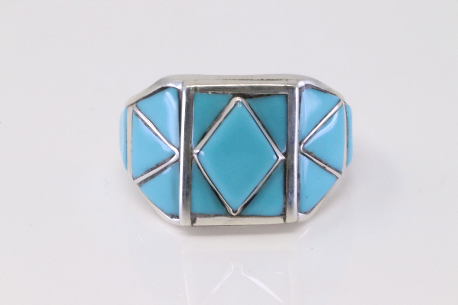Native America Zuni Handmade Sterling Silver Turquoise Ring Inlay Ring By Claudine Haloo. (1 of 4)