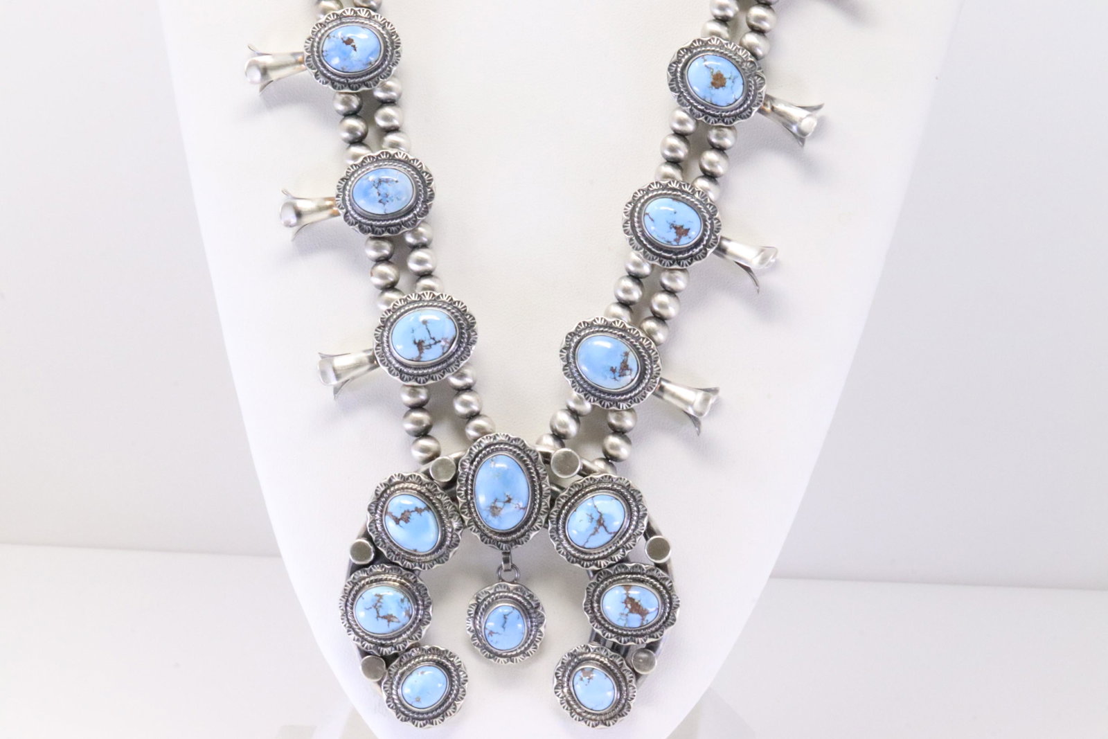 Native America Navajo Handmade Sterling Silver Golden Hill Squash Blossom Necklace & Earring's Set: This is a Native America Navajo Handmade Sterling Silver Golden Hill Squash Blossom Necklace & Earring's Set By Thomas Francisco. Necklace length: 26.00"