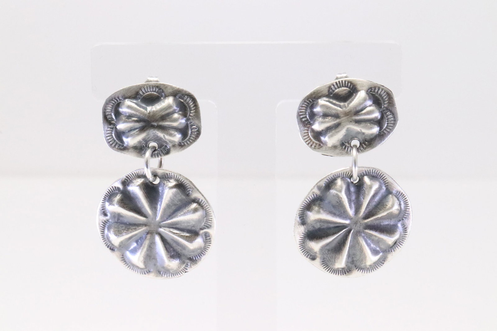 Native American Navajo Handmade Sterling Silver Concho Post Earring's By Joan Begay.: This is a Native American Navajo Handmade Sterling Silver Concho Post Earring's By Joan Begay.