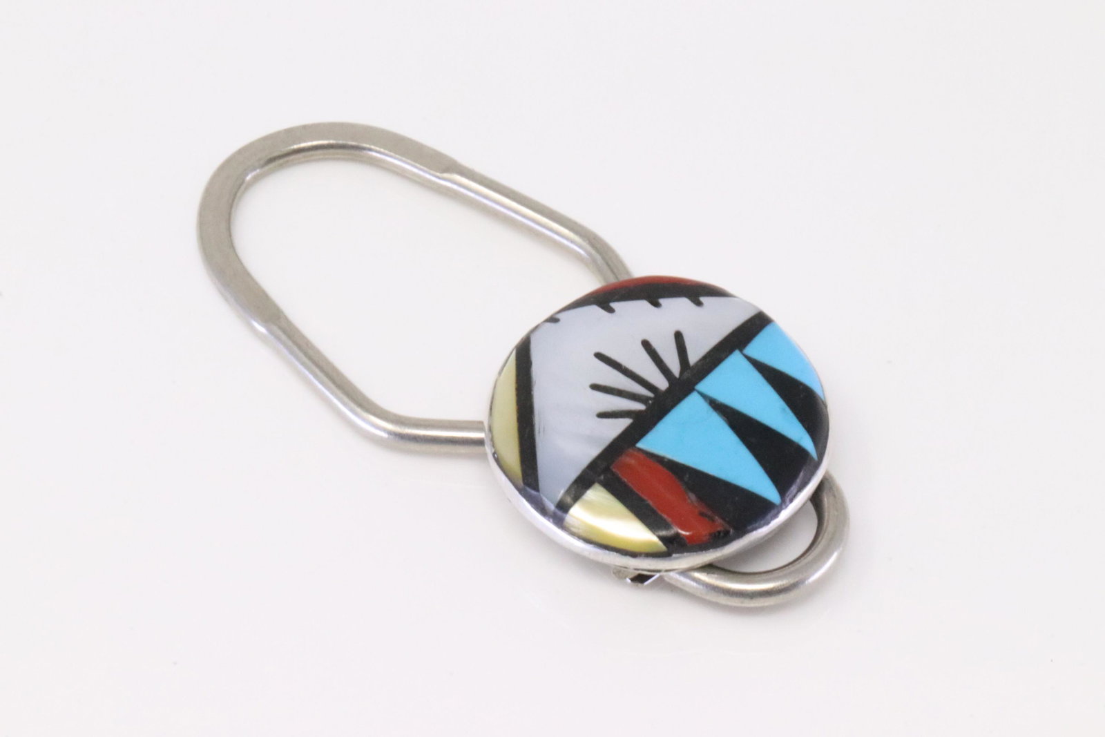 Native America Zuni Handmade Sterling Silver Multi-Color Key Chain By Bennett Pat.: This is a Native America Zuni Handmade Sterling Silver Multi-Color Key Chain By Bennett Pat.