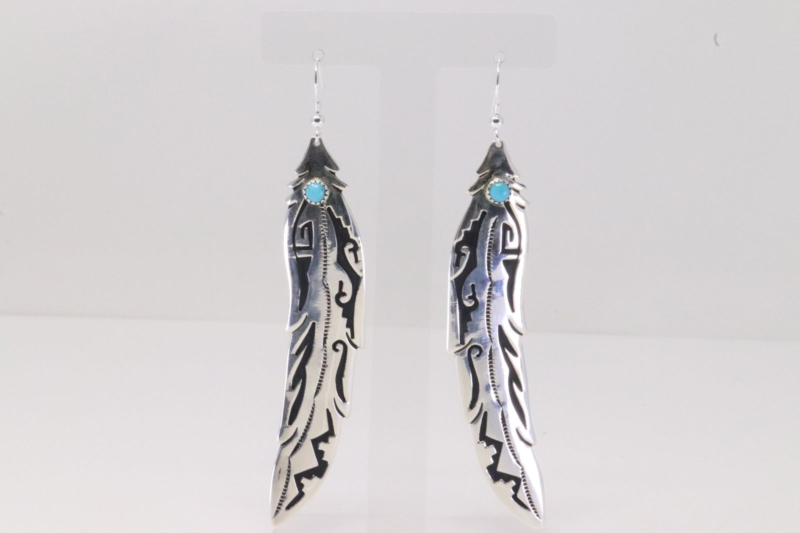 Native America Navajo Handmade Sterling Silver Turquoise Feather Dangling Earring's By T&R Singer. (1 of 4)