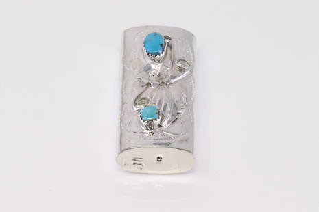 Native America Navajo Handmade Sterling Silver Turquoise Stamped Lighter By James Martin.: This is a Native America Navajo Handmade Sterling Silver Turquoise Stamped Lighter By James Martin.