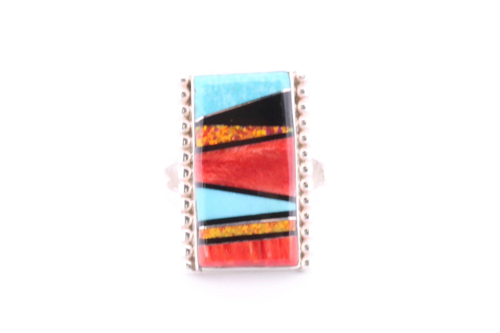 Native America Zuni Handmade Sterling Silver Multi-Color Inlay Ring By J.Douglas. (1 of 4)