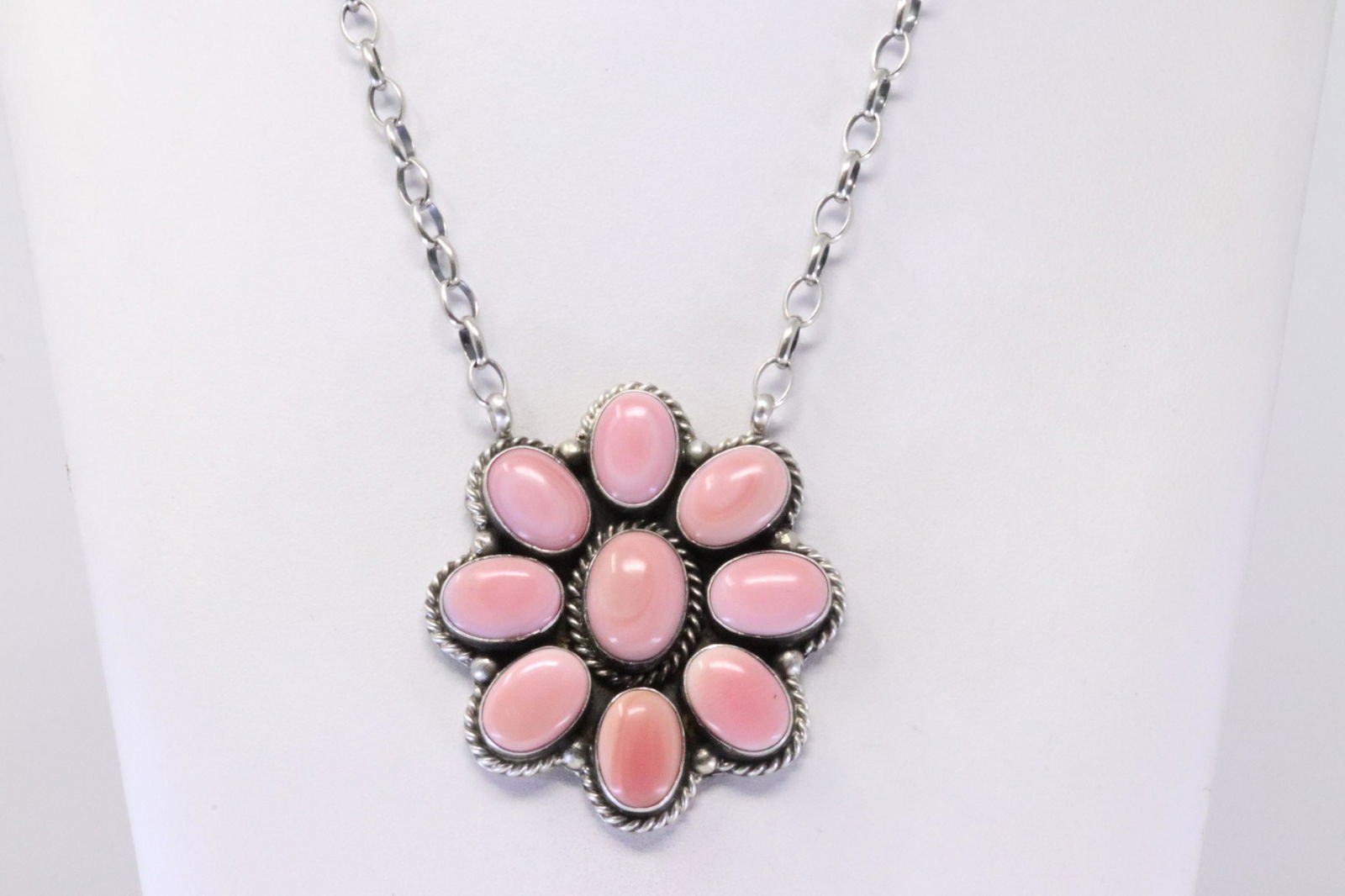 Native America Navajo Handmade Sterling Silver Pink Shell Concho Necklace By Augustine Largo. (1 of 4)