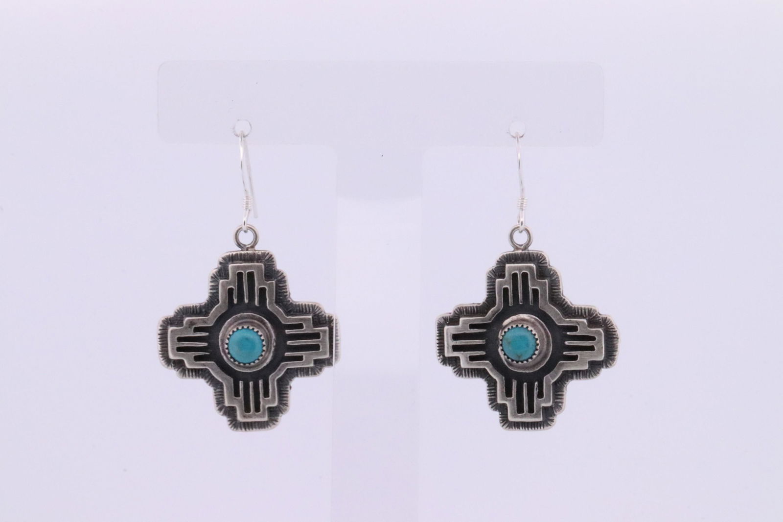 Native American Navajo Handmade Sterling Silver Turquoise Cross Dangling Earring's By Annie Spencer. (1 of 4)