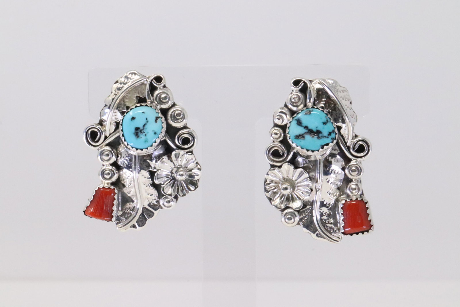 Native America Navajo Handmade Sterling Silver Coral / Turquoise Post Earring's By Harry B. Yazzie.: This is a Native America Navajo Handmade Sterling Silver Coral / Turquoise Post Earring's By Harry B. Yazzie.