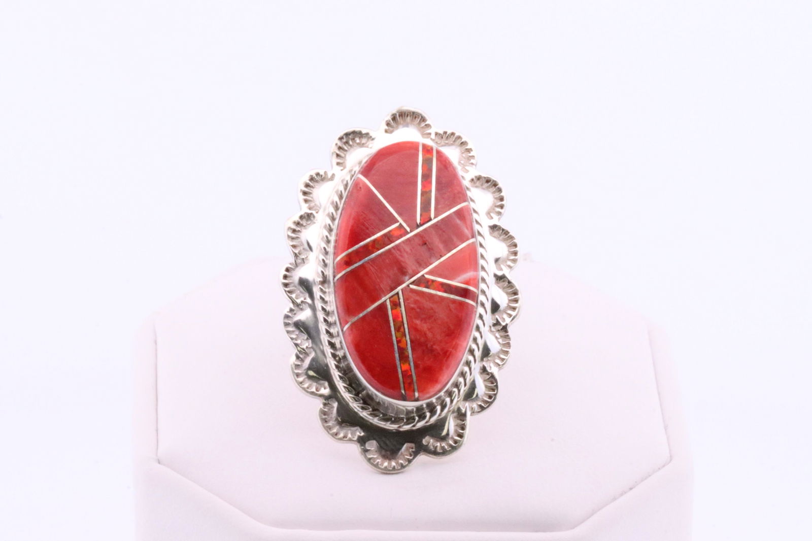 Native America Navajo Handmade Sterling Silver Opal / Coral Inlay Ring By G.Douglas. (1 of 4)