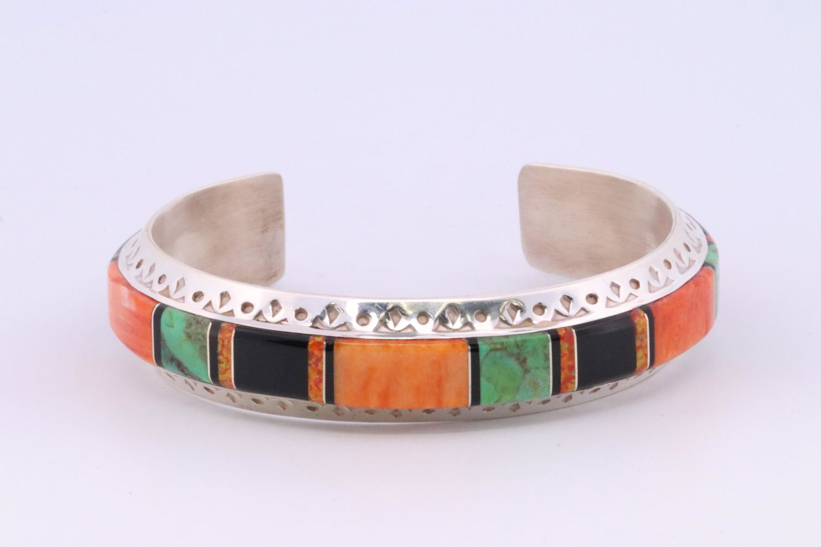 Native America Zuni Handmade Sterling Silver Multi-Color Inlay Bracelet By Joan Douglas. (1 of 4)