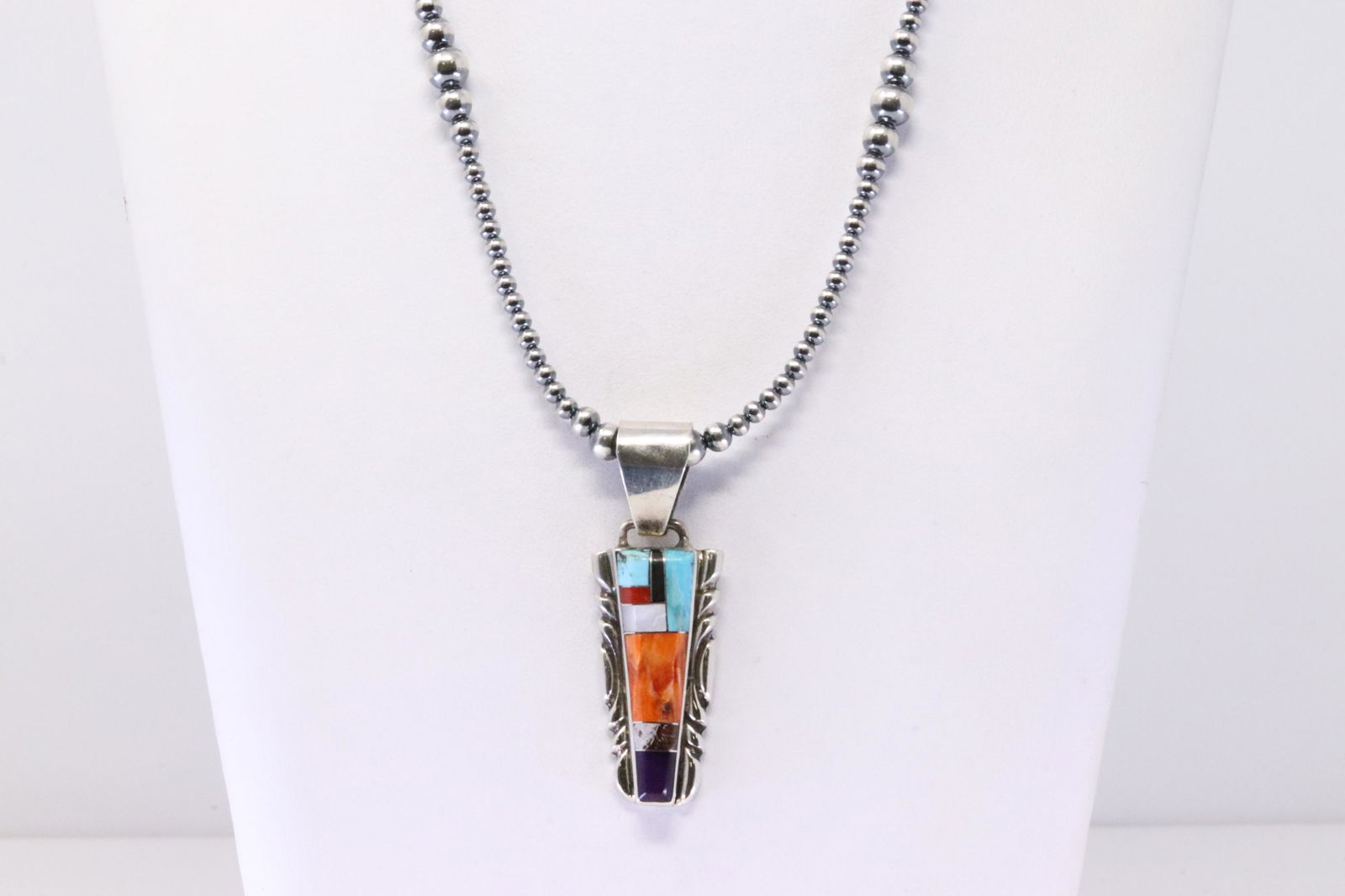 Native America Navajo Handmade Sterling Silver Multi-Color Stone Inlay Pendant & Necklace By R. (1 of 4)