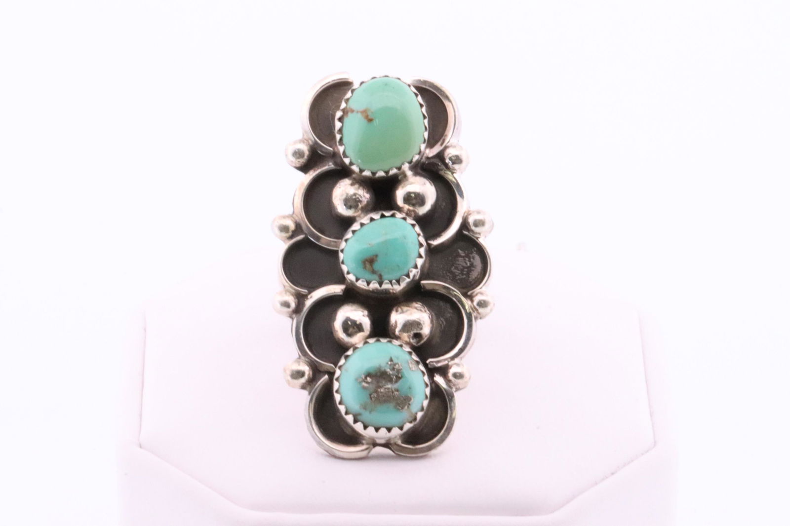 Native America Navajo Handmade Sterling Silver Turquoise Ring 3 Stone Cuff By S. (1 of 4)