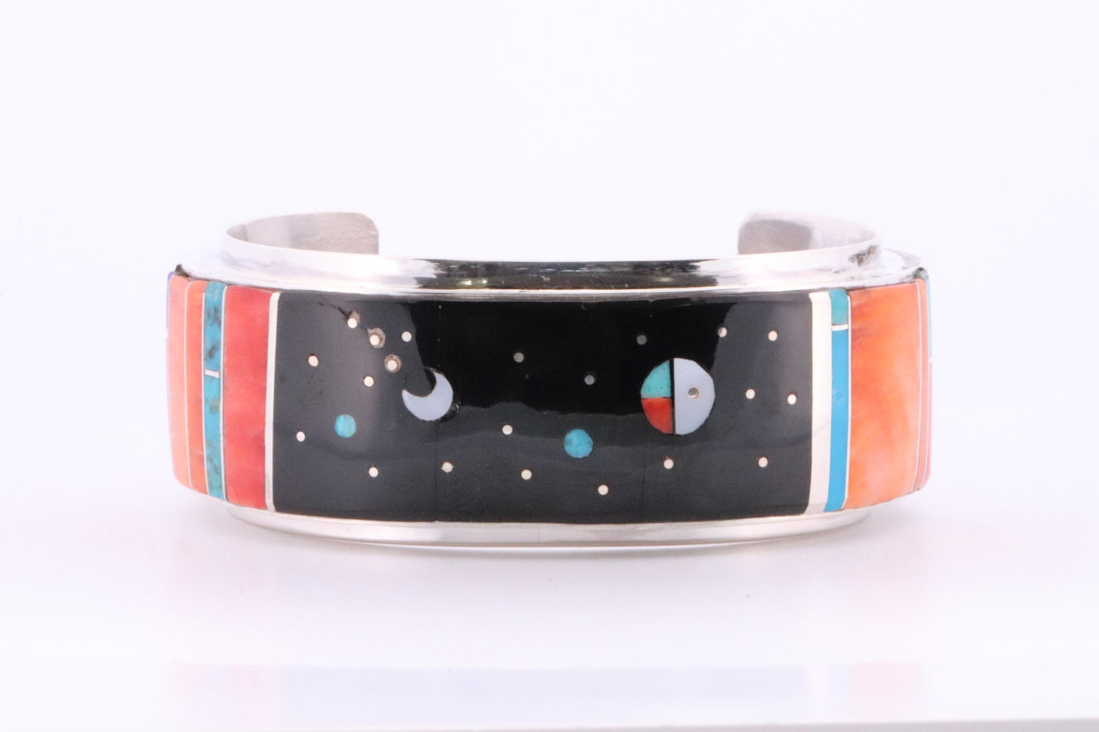 Native America Navajo Handmade Sterling Silver Multi-Stone Inlay Cuff Bracelet By Harold Smith. (1 of 4)