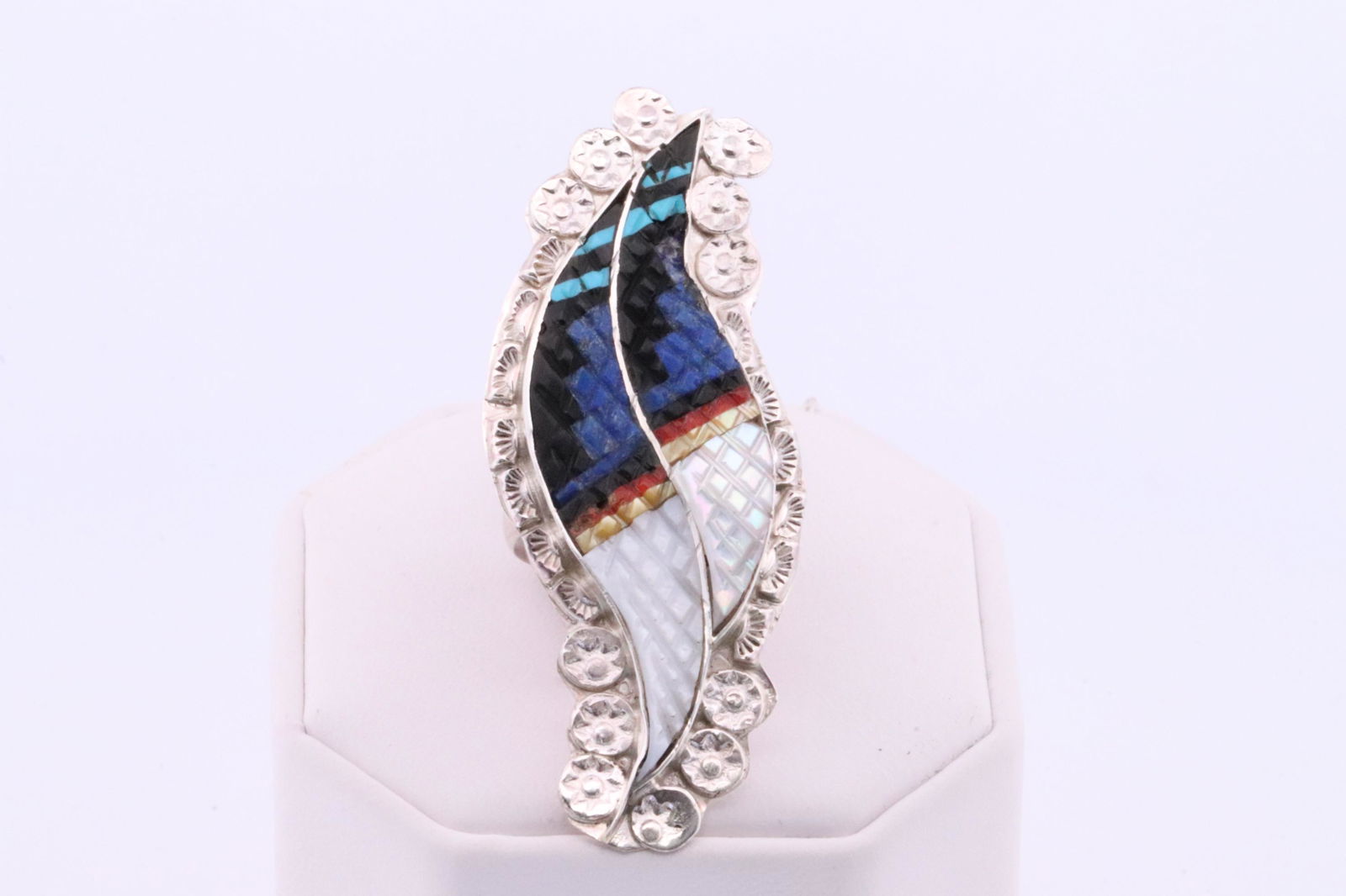 Native America Zuni Handmade Sterling Silver Multi-Color Inlay Ring By E.M. (1 of 4)