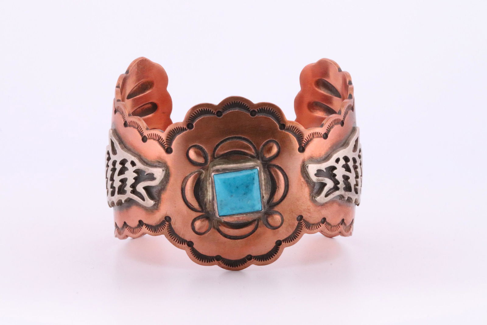 Native America Navajo Handmade Sterling Silver Turquoise Wolf Cuff Bracelet By R.B. (1 of 4)