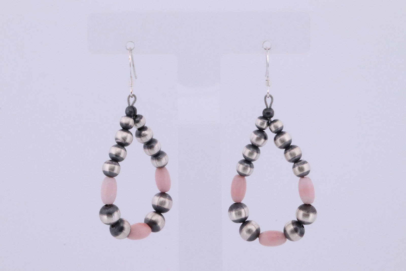 Native America Navajo Handmade Sterling Silver Pink Shell Concho / Pearl Bead Dangling Earring's. (1 of 4)