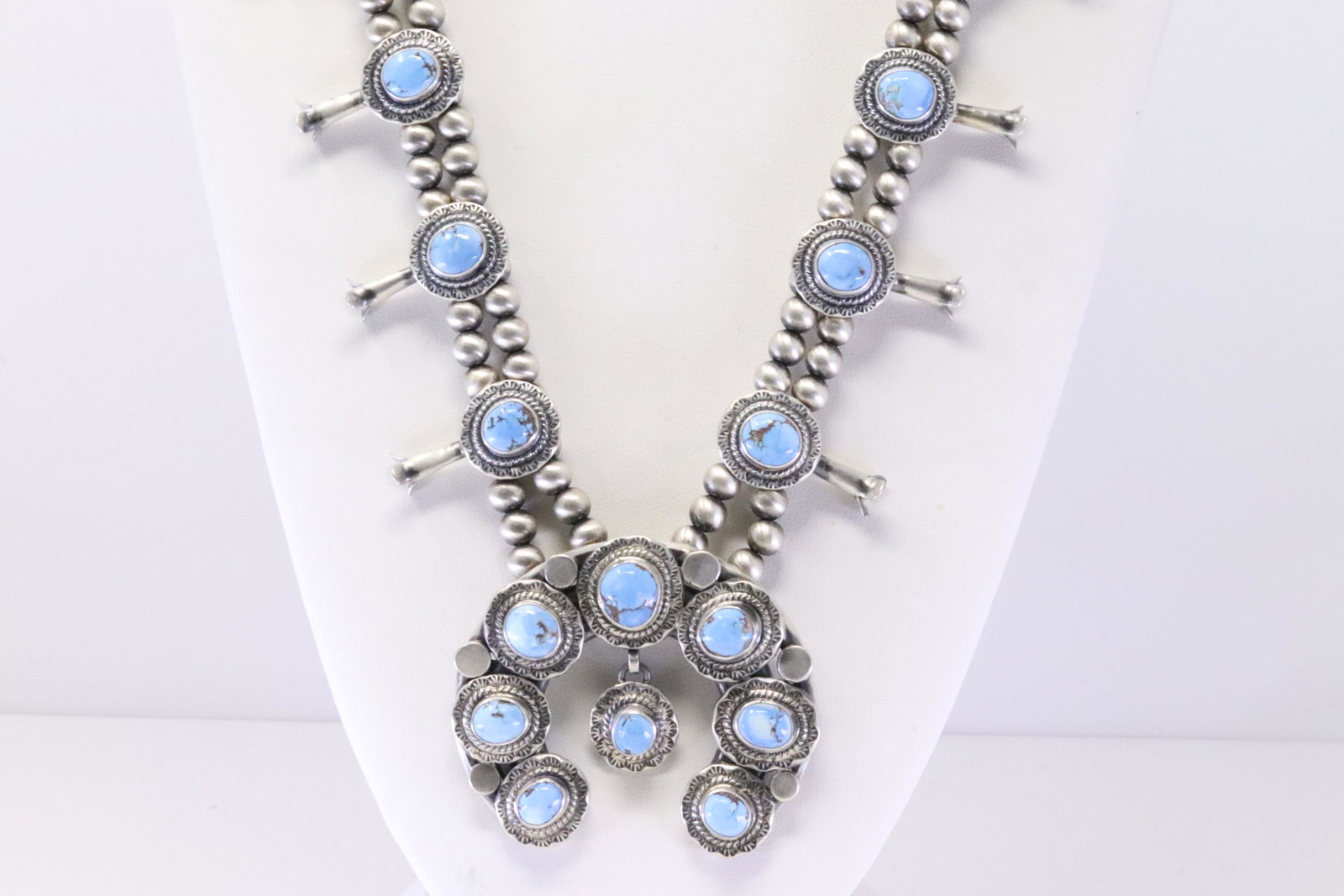 Native America Navajo Handmade Sterling Silver Golden Hill Turquoise Squash Blossom Necklace &: This is a Native America Navajo Handmade Sterling Silver Golden Hill Turquoise Squash Blossom Necklace & Earring's Set By Thomas Francisco. Necklace length: 26.00"