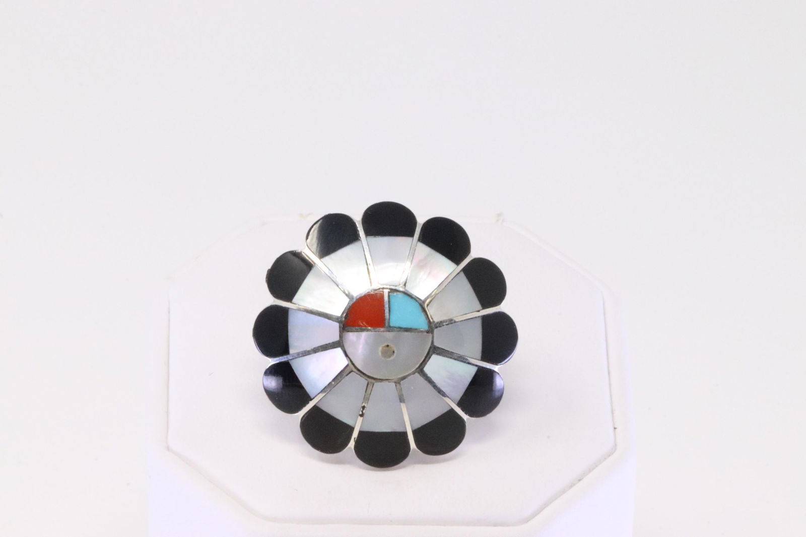 Native American Zuni Handmade Sterling Silver Multi-Color Sunface Inlay Ring By F.D.S. (1 of 4)