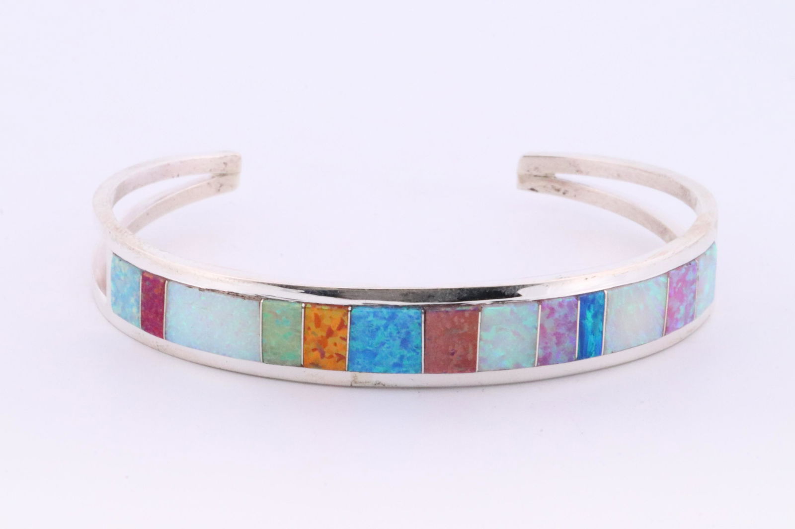 Native American Navajo Handmade Sterling Silver Multi-Color Inlay Bracelet By N.J. (1 of 4)