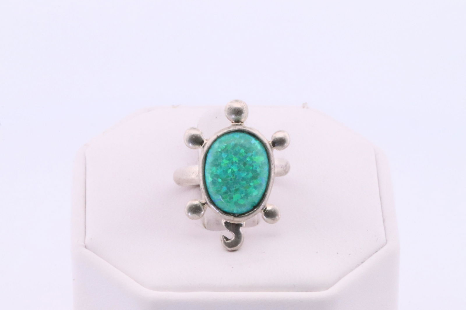 Native America Navajo Handmade Sterling Silver Green Opal Turtle Ring By R. (1 of 4)